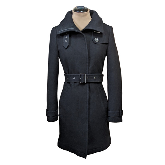 Burberry Brit Black Rushworth Wool Belted Trench Coat Lined 4 - Picture 2 of 7